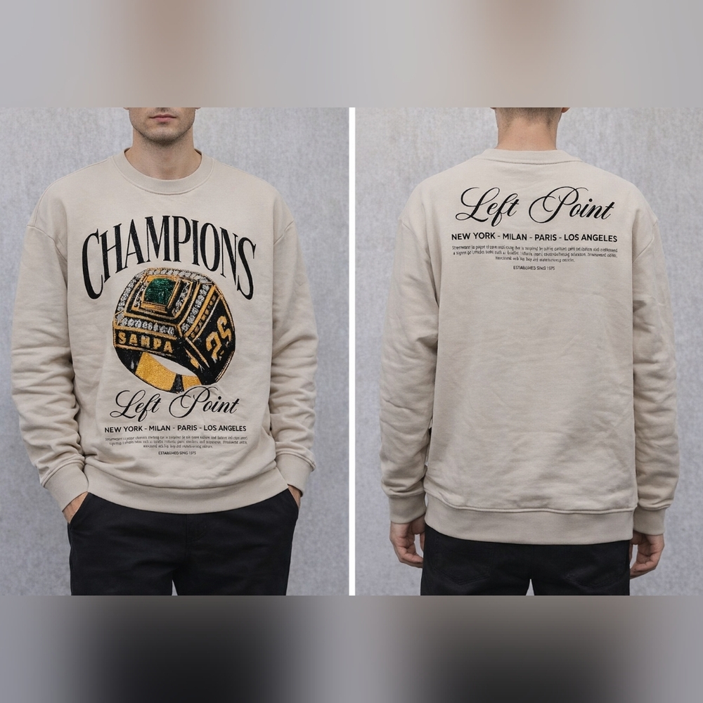 NWT LEFT POINT Champions Ring Rhinestone Graphic Crewneck Sweatshirt Beige 2XL